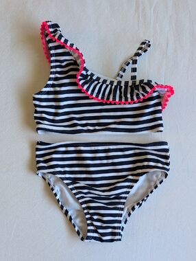 NWOT george girls navy striped bikini swimsuit with neon pompom trim 4T toddler